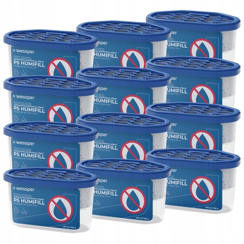 Pochłaniacz wilgoci, Wessper P5 HUMIFILL, osuszacz powietrza, jednorazowy, przeciw wilgoci, bezzapachowy, 400ml, 9m2,42 dni,12szt