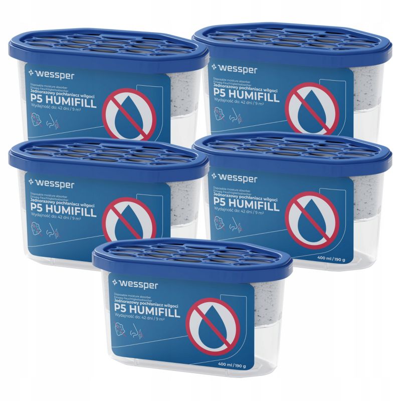 Pochłaniacz wilgoci, Wessper P5 HUMIFILL, osuszacz powietrza, jednorazowy, przeciw wilgoci, bezzapachowy, 400ml, 9m2, 42 dni, 5szt