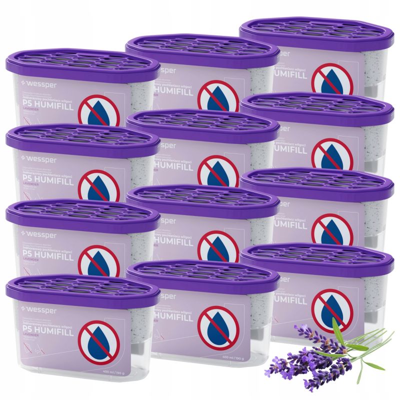 Pochłaniacz wilgoci, Wessper P5 HUMIFILL, osuszacz powietrza, jednorazowy, przeciwko wilgoci, lawendowy, 400ml, 9m2, 42 dni, 12szt