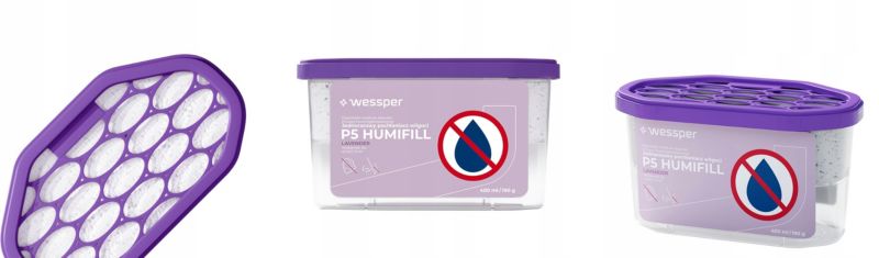 Pochłaniacz wilgoci, Wessper P5 HUMIFILL, osuszacz powietrza, jednorazowy, przeciwko wilgoci, lawendowy, 400ml, 9m2, 42 dni, 12szt