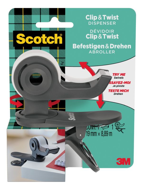 Podajnik do taśmy Scotch™ Clip & Twist C19 szary z taśmą Magic™ 19 mm x 8,89 m 1 rolka