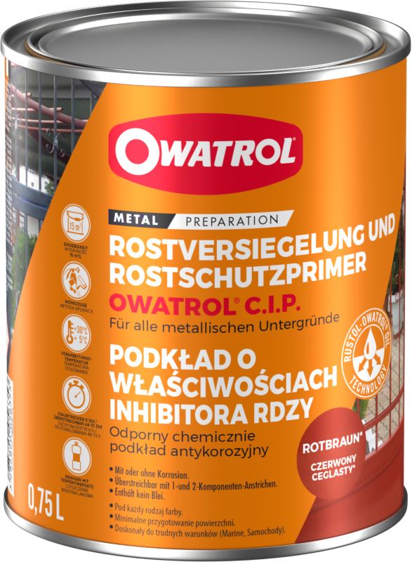 Podkład antykorozyjny na bazie inhibitora rdzy OWATROL C.I.P. satynowe czerwony tlenkowy 0.75L