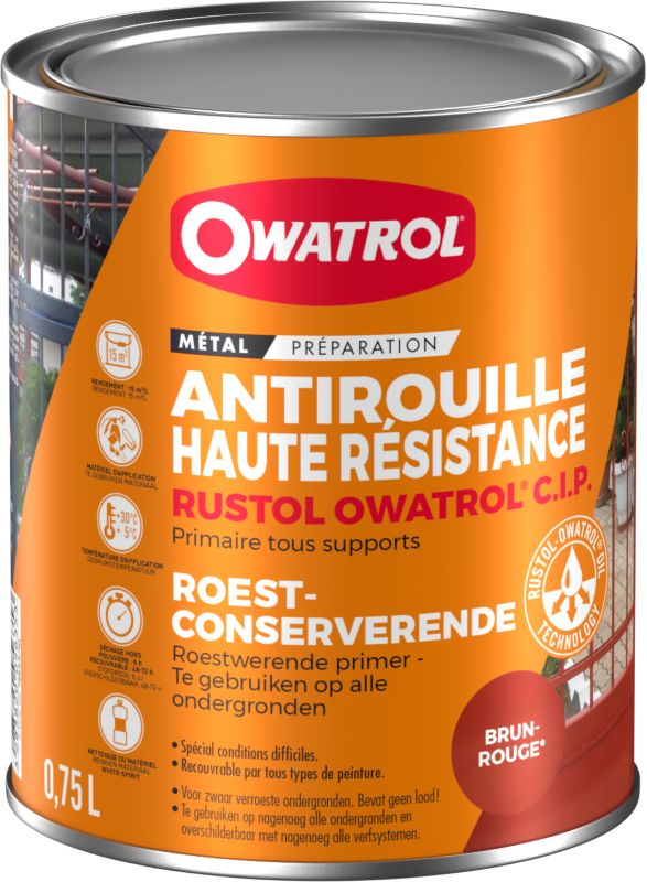Podkład antykorozyjny na bazie inhibitora rdzy OWATROL C.I.P. satynowe czerwony tlenkowy 0.75L