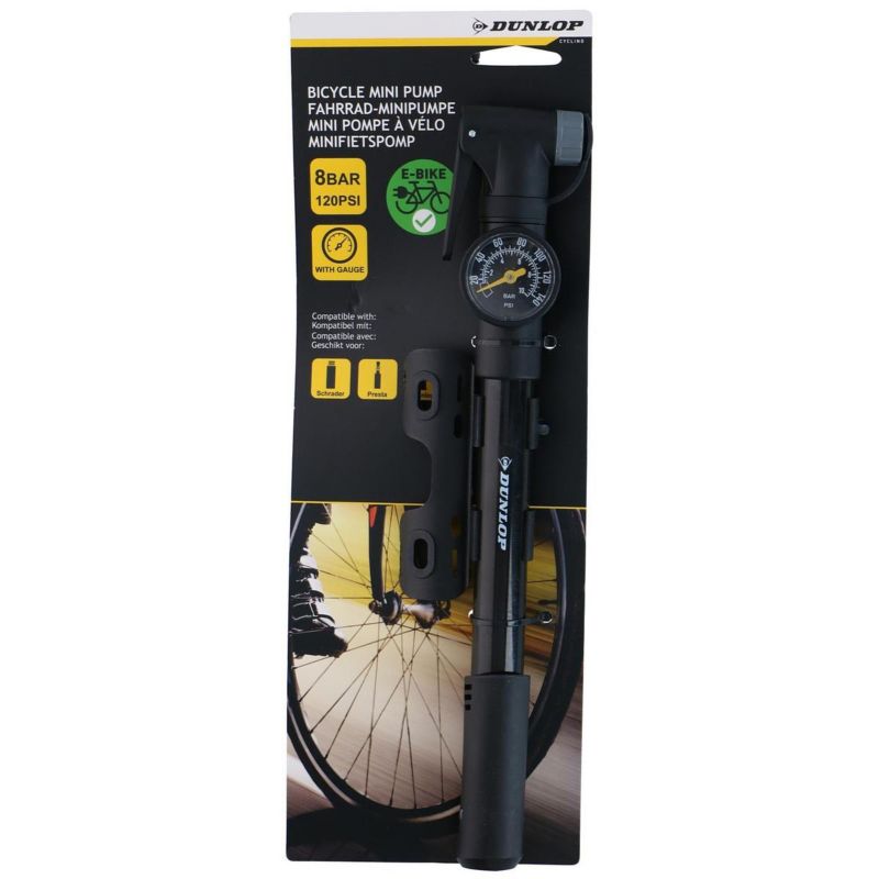 Pompka Dunlop rowerowa mini z manometrem 120Psi (8Bar) czarna  1szt.