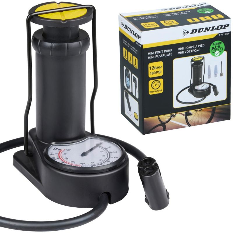 Pompka Dunlop  rowerowa nożna mini z manometrem 180 psi 2 adaptery igła  1szt.
