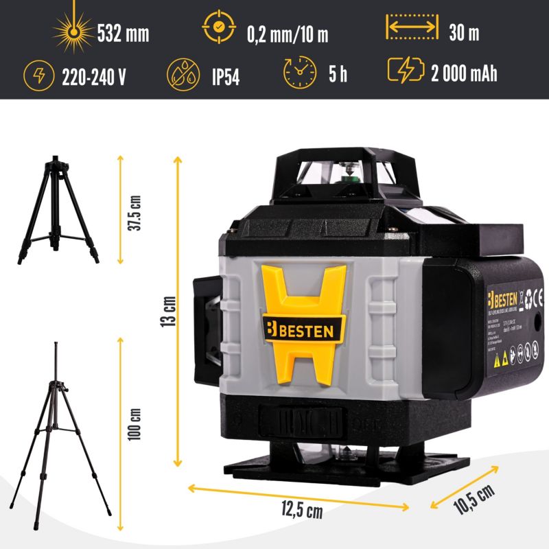 Poziomica laserowa BESTEN BE0002848 4D 16 linii zielony laser 532 nm statyw 118 cm zestaw PRO 1 szt.