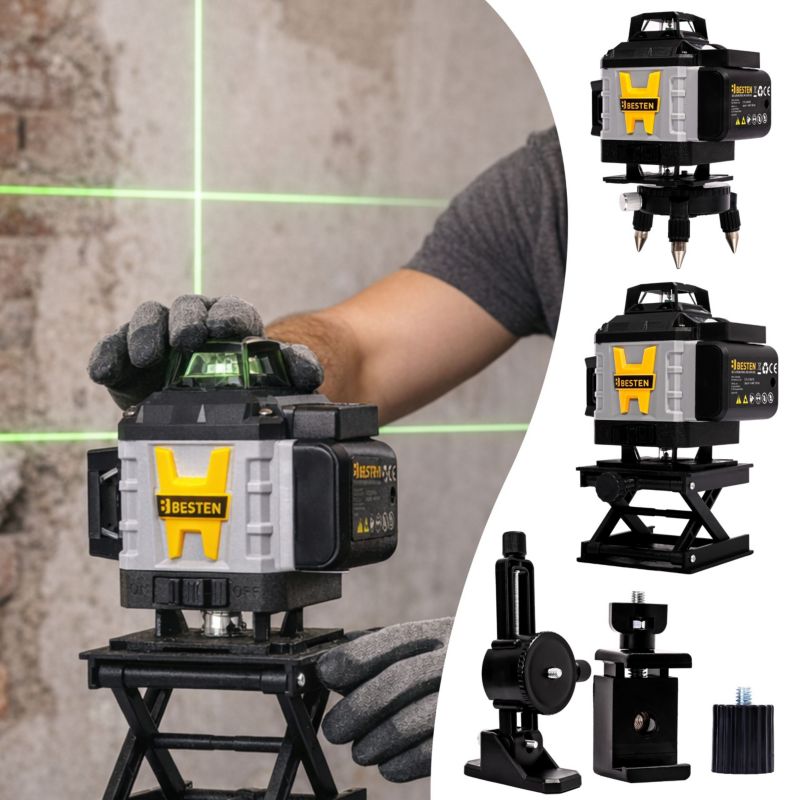 Poziomica laserowa BESTEN BE0002848 4D 16 linii zielony laser 532 nm statyw 118 cm zestaw PRO 1 szt.