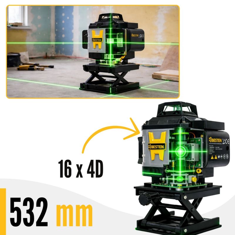 Poziomica laserowa BESTEN BE0002848 4D 16 linii zielony laser 532 nm statyw 118 cm zestaw PRO 1 szt.