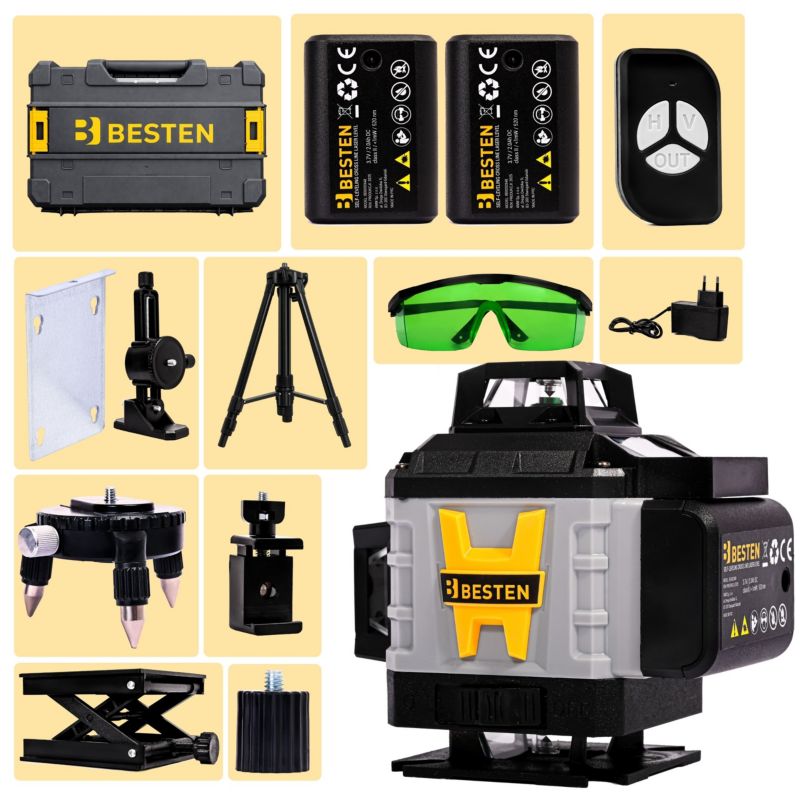 Poziomica laserowa BESTEN BE0002848 4D 16 linii zielony laser 532 nm statyw 118 cm zestaw PRO 1 szt.
