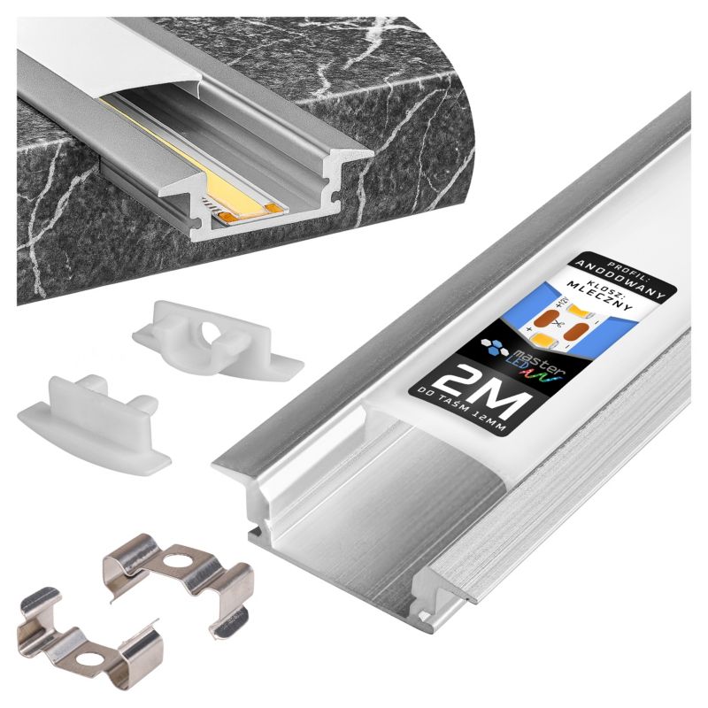 Profil LED MasterLED 2m wpuszczany do taśmy anodowany z mlecznym kloszem aluminiowy 1 szt.