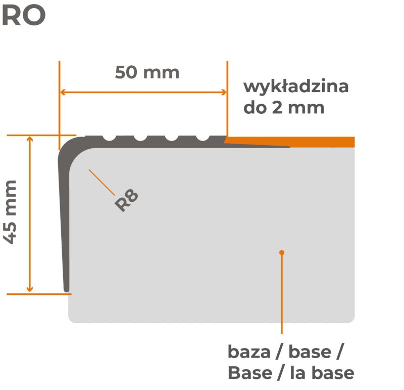 Profil schodowy PCV 45x50mm, QUEST, antypoślizgowy nosek schodowy,  RO, szary, 1.5m