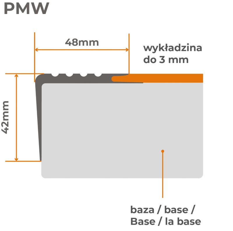 Profil schodowy PCV 48x42mm, QUEST, samoprzylepny antypoślizgowy nosek schodowy, PMW, brąz, 1.3m