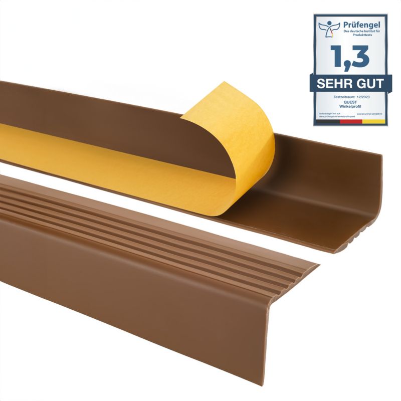 Profil schodowy PCV 50x42mm, QUEST, samoprzylepny antypoślizgowy nosek schodowy, RGP, brąz, 0.9m