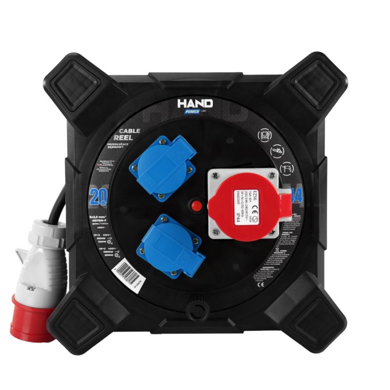 Przedłużacz bębnowy budowlany HAND Power 20m 3 gniazda 3x2,5 mm² H07RN-F IP44 czarny 1 szt.