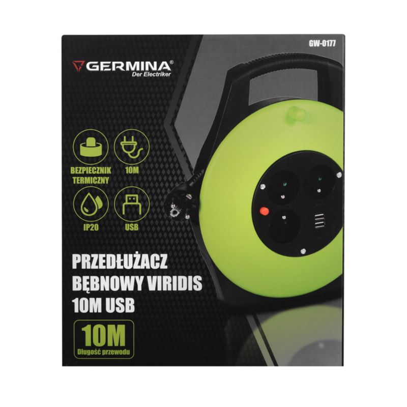 Przedłużacz bębnowy Germina 10m 3x1,5mm2 3gn Z/0 + USB 16A IP20 1szt.