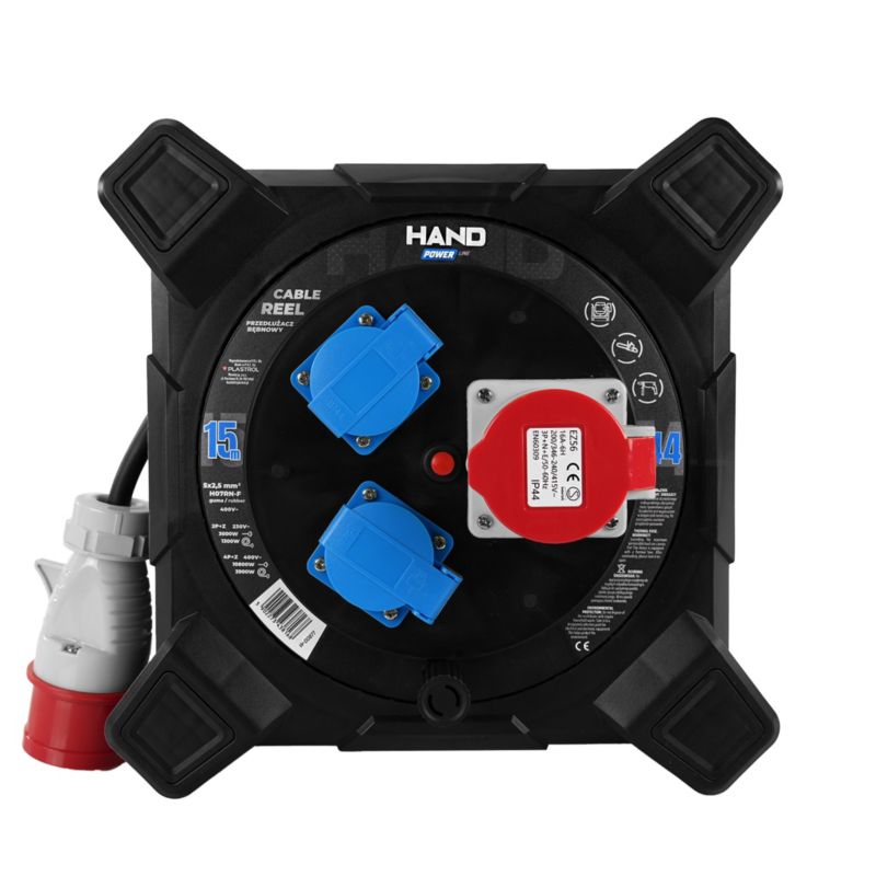 Przedłużacz bębnowy kwadratowy budowlany Hand Power HAND PWR 15 m 400 V 3 gniazda 5 x 2,5 mm² H07RN-F IP44 czarny 1 szt.