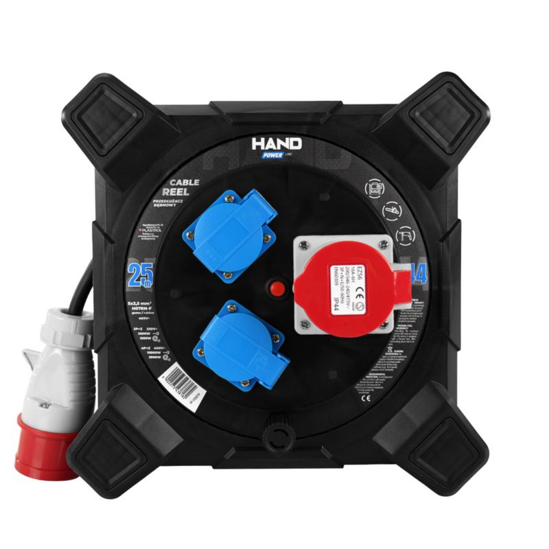 Przedłużacz bębnowy kwadratowy budowlany Hand Power HAND PWR 25 m 400 V 3 gniazda 5 x 2,5 mm² H07RN-F IP44 czarny 1 szt.