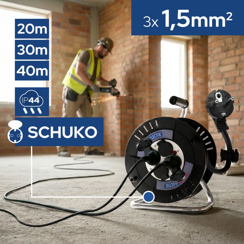 Przedłużacz HOROZ bębnowy 4-gniazdowy  SCHUKO  IP44  czarny  3x1,5mm  30 m  310.030.301 1 szt.
