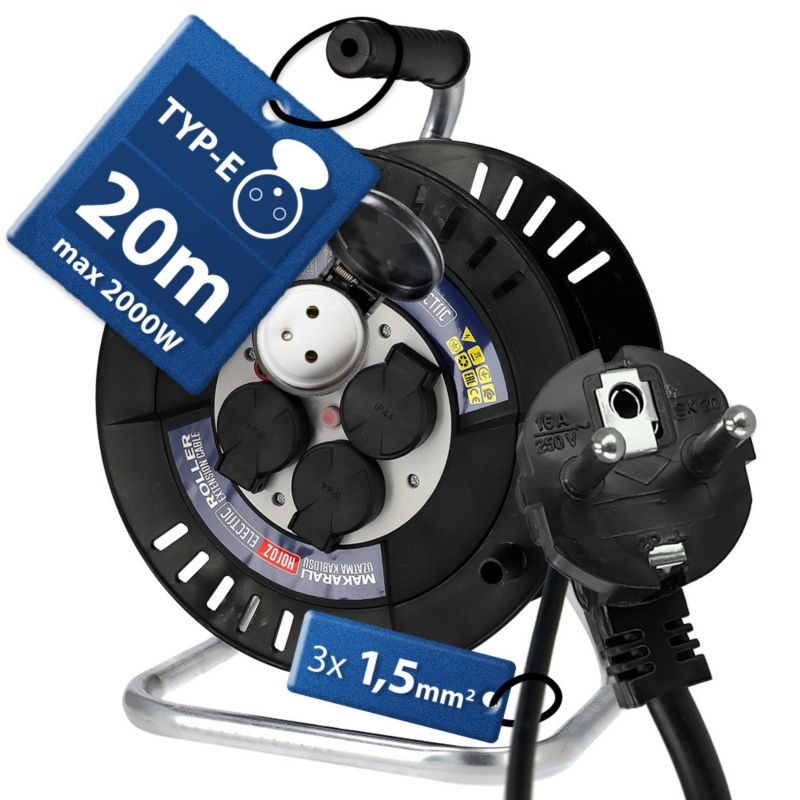 Przedłużacz HOROZ bębnowy 4-gniazdowy typ E (3x1,5 mm) IP44 20 m 1 szt.