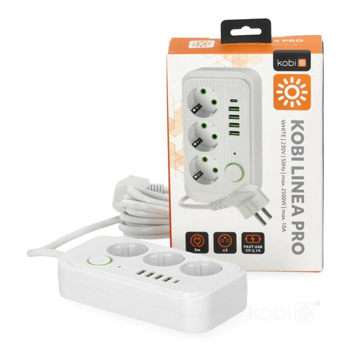 Przedłużacz Linea Kobi 3gn+4usb/1usb-c/5m/Zu+W biały 1szt.