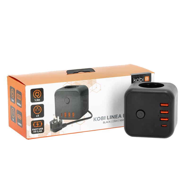 Przedłużacz Linea Pro Kobi 3gn+3usb/1usb-c/1,5m/Zu+W czarny 1szt.