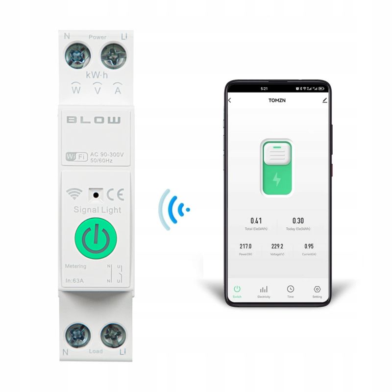 Przekaźnik WiFi BLOW z pomiarem prądu mocy na szynę  DIN Tuya smart WiFi Switch 1 szt.