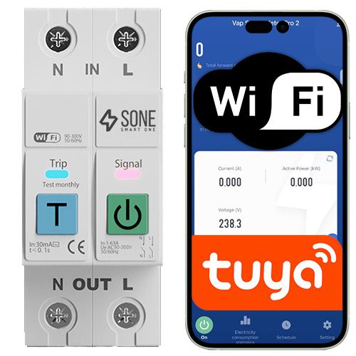 Przekaźnik WiFi Sone 63A na szynę DIN z pomiarem energii i rozłączaniem L i N 1 szt.