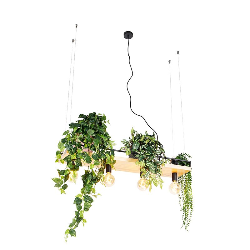 Przemysłowy lampa wisząca do stołu jadalnego inteligentny Qazqa Shelf 100 czarny drewno żarówkami LED 49 W zestawie E27 1 szt.