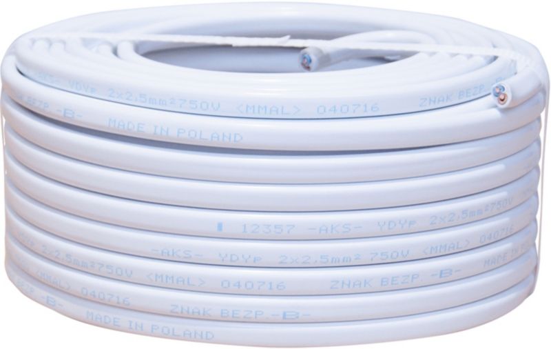 Przewód AKS Zielonka YDYp 4/7 2 x 2,5 mm2 biały 50 m