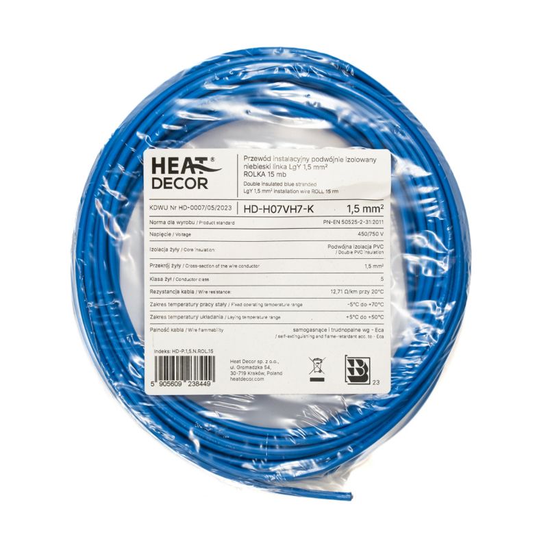 Przewód instalacyjny podwójnie izolowany linka LgY 1,5 mm2 15 mb niebieski