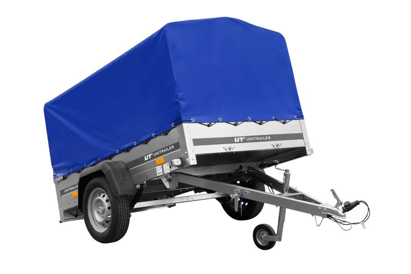 Przyczepka jednoosiowa Unitrailer GARDEN 201/R KIPP na resorach 200x125 ze stelażem H-800 i plandeką niebieską  1 szt.