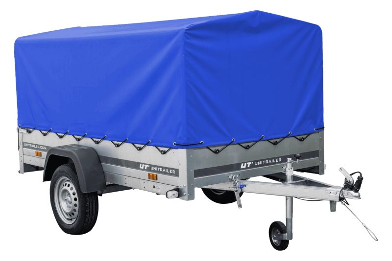 Przyczepka samochodowa Unitrailer na resorach 230x125 GARDEN 230/R KIPP ze stelażem H-800 i plandeką niebieską 1 szt.