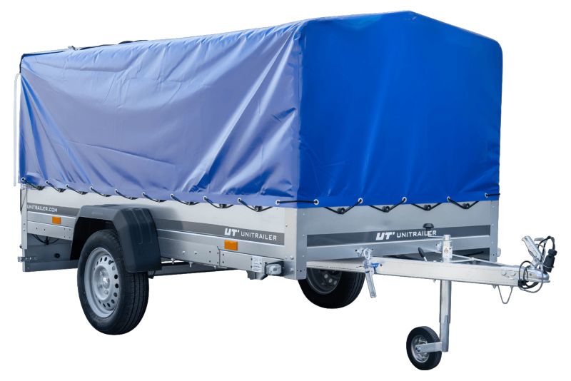 Przyczepka samochodowa Unitrailer na resorach 264x125 GARDEN 264/R KIPP ze stelażem H-800 i plandeką niebieską 1 szt.