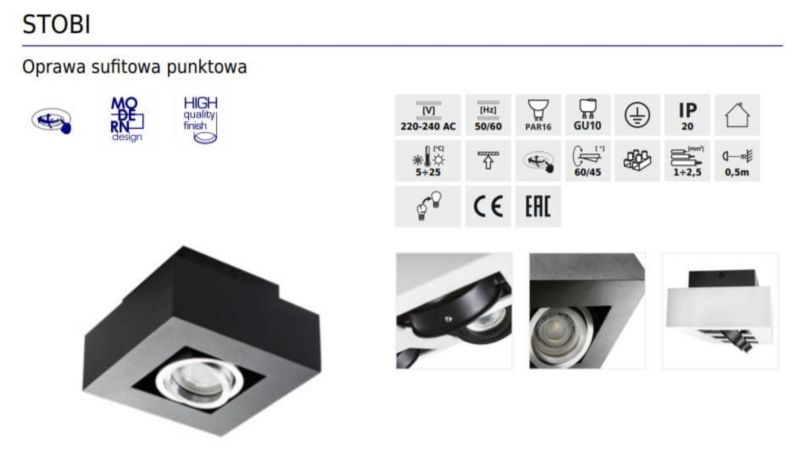 Reflektor spot Kanlux Stobi  czarny  1 x GU10 x 25W IP20 wym: 14 x 14 cm - 1 szt.