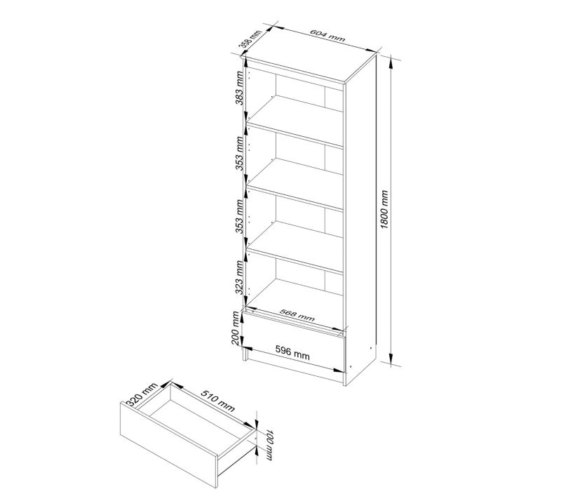 Regał Akord R60 Olcha 60 cm façade Blanche mat 1 szuflada kolor Olcha mat 4 półki 60x35x180 cm 1 szt.