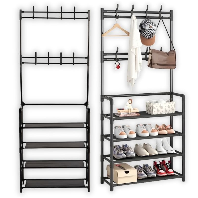 Regał Na Buty More&Deco Stojak Czarny 4 Poziomy Z Hakami 60X26X155 Cm 1 Szt.