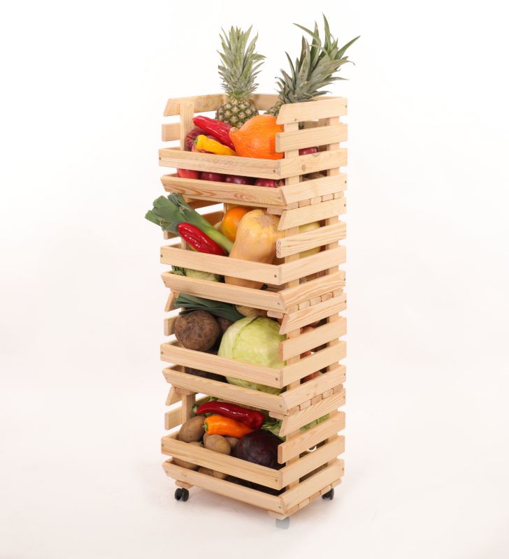 Regał na warzywa i owoce MODO24 na kółkach 106x37x30 cm 4 skrzynki drewno naturalne 1 szt