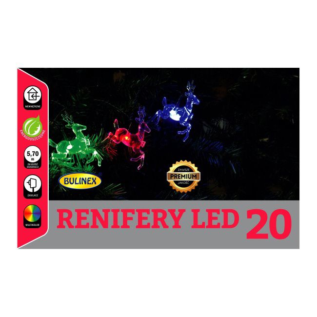 Renifery LED Bulinex 5,8 m multikolor zielony przewód 20 lampek