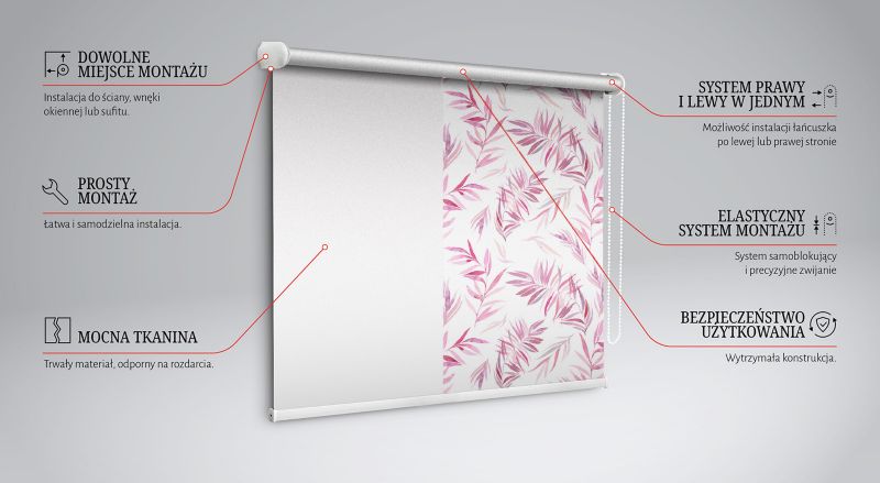 Roleta Z Nadrukiem Tulup 100x100 cm Różowe Liście Montaż do ściany/sufitu 1 szt.