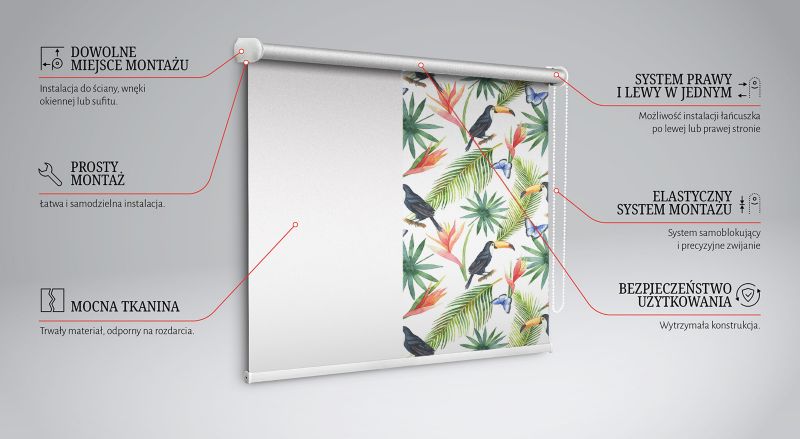 Roleta Z Nadrukiem Tulup 80x180 cm Tukany Na Kwiatach Montaż do ściany/sufitu 1 szt.