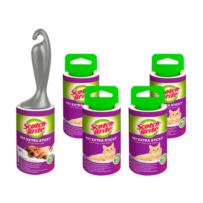 Rolka do sierści zwierząt Scotch-Brite™ Pet Extra Sticky Super mocna, przezroczyste powierzchnie, 48 arkuszy, + 4 wkłady