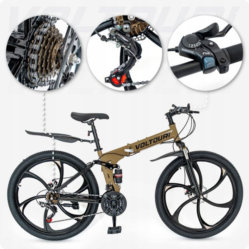 Rower górski Voltouri 26" składany mtb podwójna amortyzacja shimano 21 biegów felga 1szt.