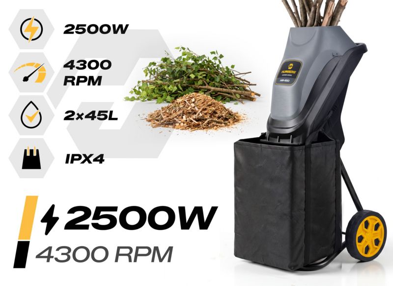 Rozdrabniacz do gałęzi Humberg HM-650 elektryczny mocny rębak 2500W +2x worek 45L 1 szt.