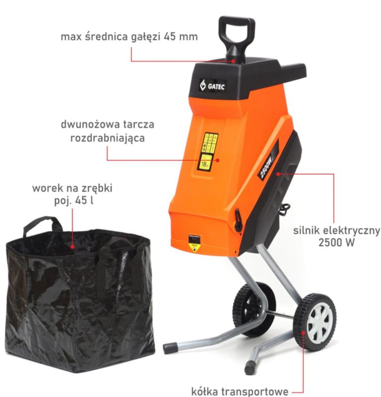 Rozdrabniacz elektryczny do gałęzi , GATEC GT 145 RE, nożowy, 2500 W, 45mm 1 szt