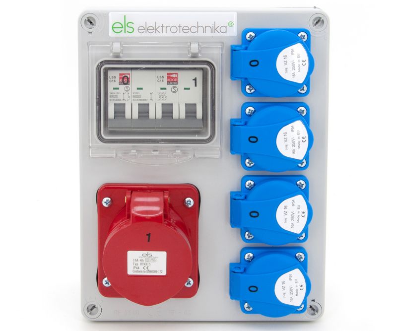 ELS Elektrotechnika Wandverdeler stroomverdeler 6 x 230 V Schuko aardstroomonderbreker 40 A en stroomonderbreker 3 x C16 A. Bouwstroomverdeler voor indoor/outdoor, werkplaatsen en fabrieken