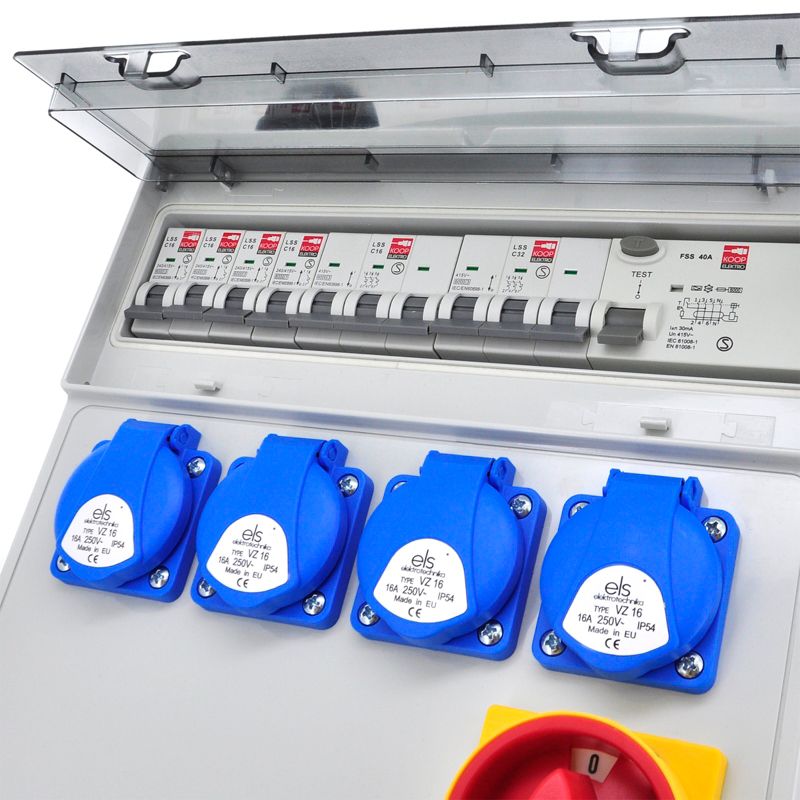 Rozdzielnica przenośna, budowlana ELS Elektrotechnika 14PO44C11C11CFWTTRST 4x230V 32A/5 16A/5, zabezpieczona, na stojaku, 1 szt.