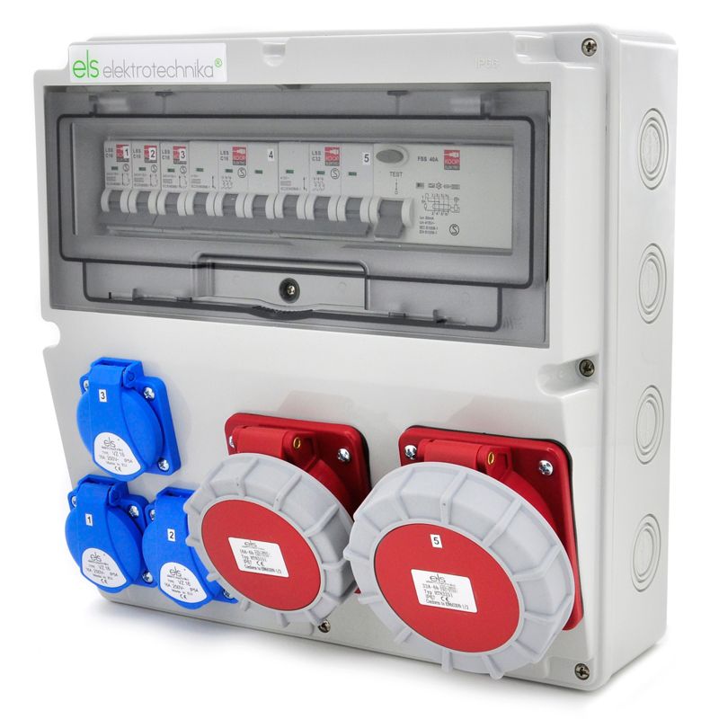 Rozdzielnica siłowa ELS Elektrotechnika 14NO33C11C11CFS67 3x230V 2x400V 32A/5 16A/5 z zabezpieczeniem nadprądowym i RCD, 1 szt.