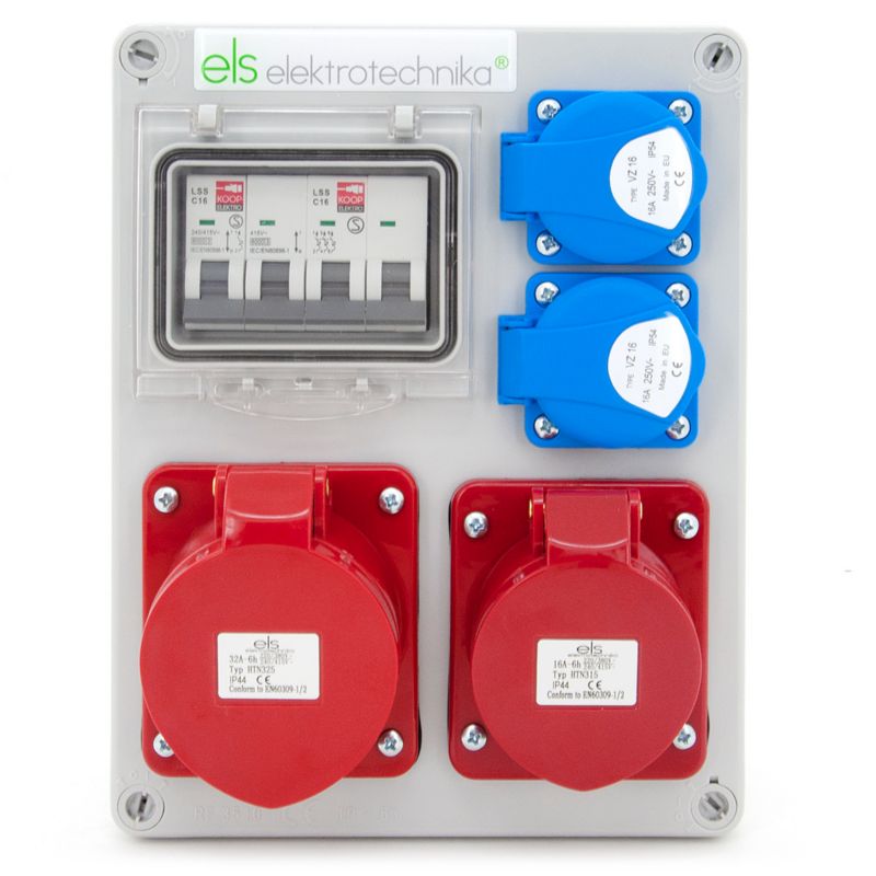 Rozdzielnica skrzynka budowlana ELS Elektrotechnika 4NO21C11C1 2x230V 32/5 16/5 zabezpieczona C16, obudowa naścienna IP65, 1 szt.