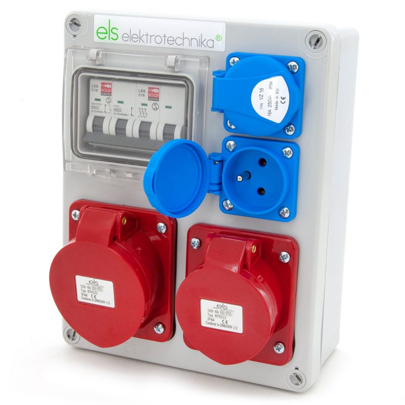 Rozdzielnica skrzynka budowlana ELS Elektrotechnika 4NO21C11C1 2x230V 32/5 16/5 zabezpieczona C16, obudowa naścienna IP65, 1 szt.