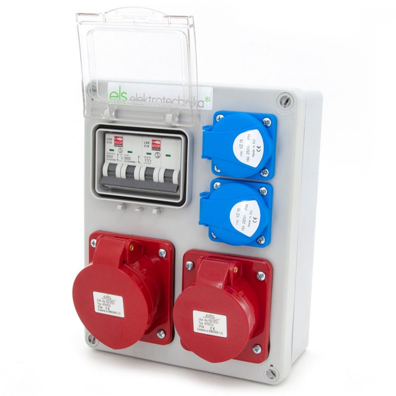 Rozdzielnica skrzynka budowlana ELS Elektrotechnika 4NO21C11C1 2x230V 32/5 16/5 zabezpieczona C16, obudowa naścienna IP65, 1 szt.